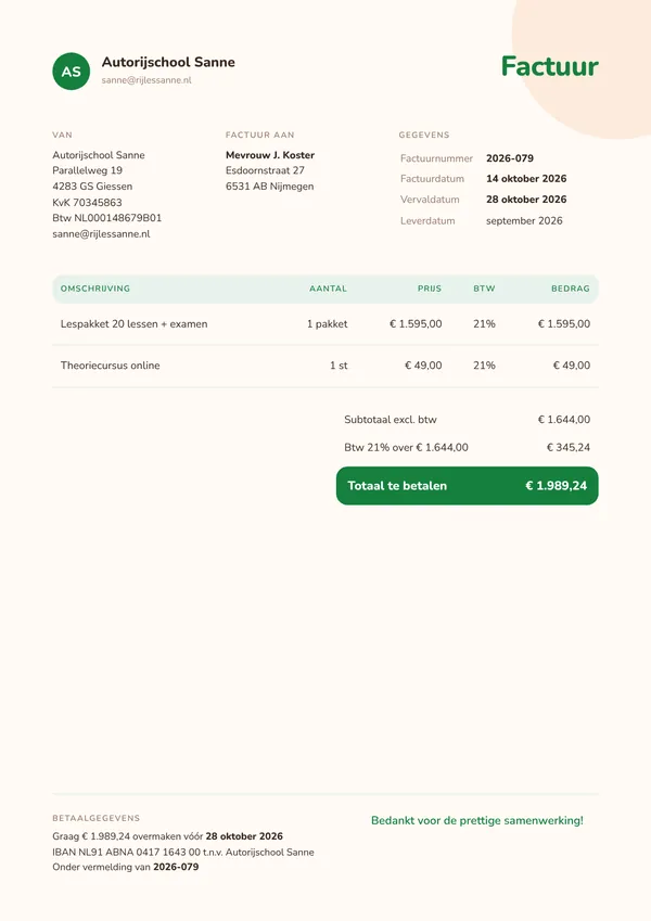 Voorbeeld factuur van een rijinstructeur aan een particuliere klant, met bedragen exclusief en inclusief 21% btw