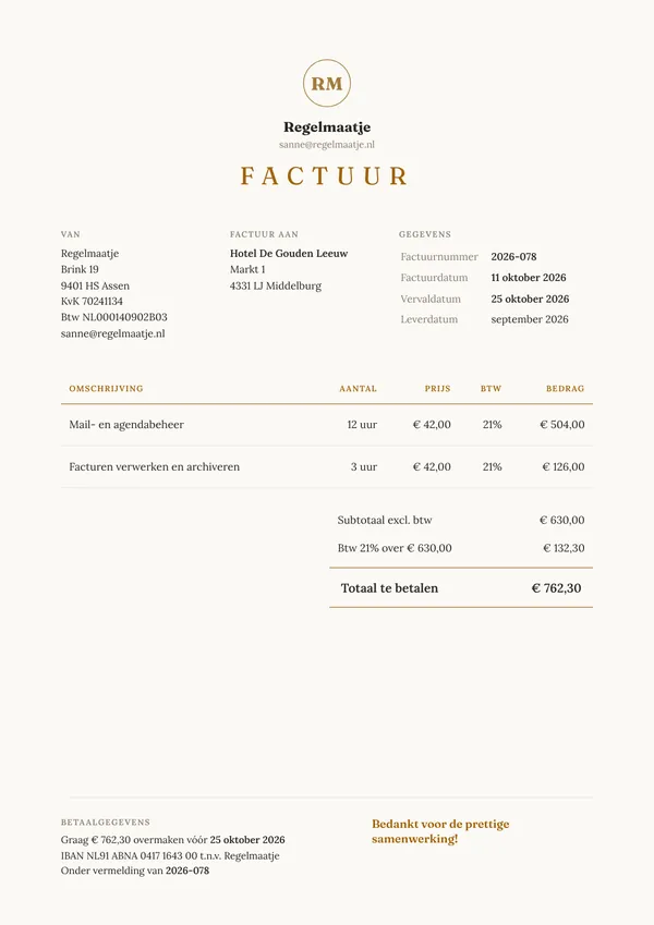 Voorbeeld factuur van een virtueel assistent met gewerkte uren tegen een vast uurtarief, 21% btw en een betaaltermijn van 14 dagen